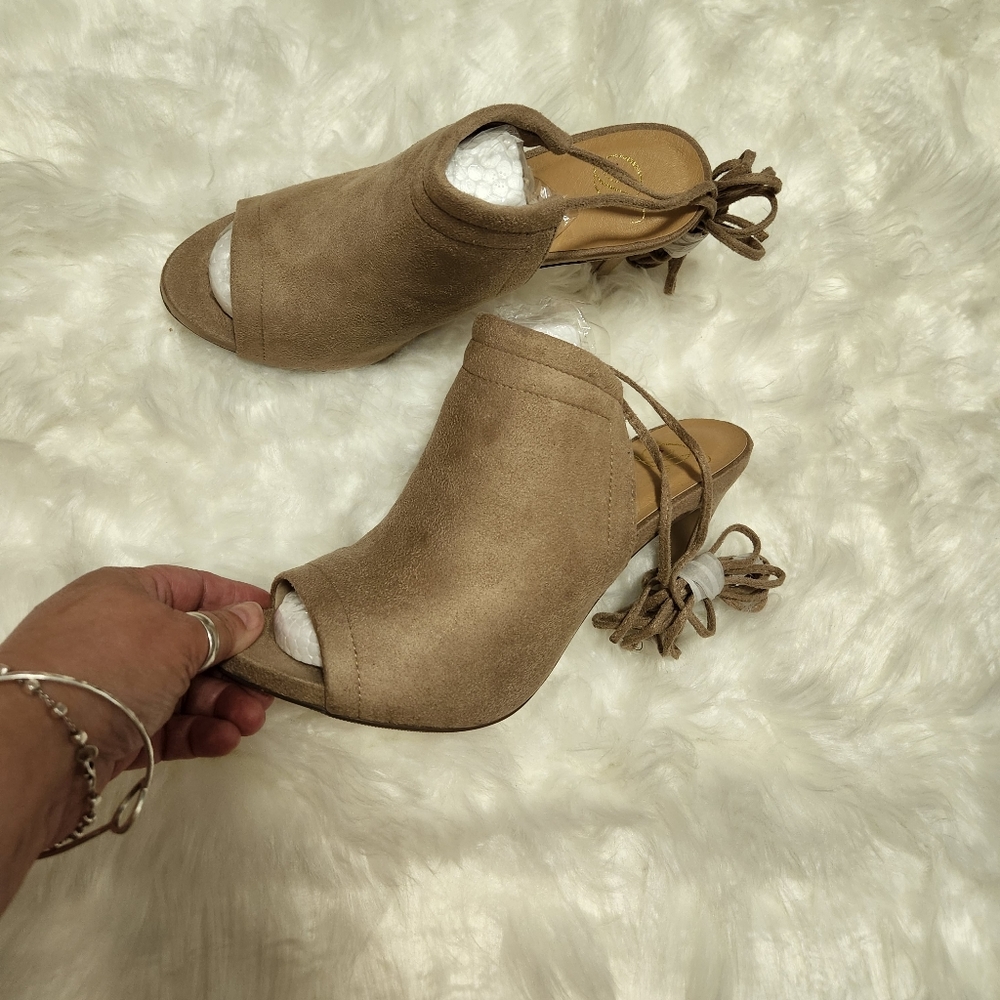 Suede Open-Toe Lace Back Heels in Taupe